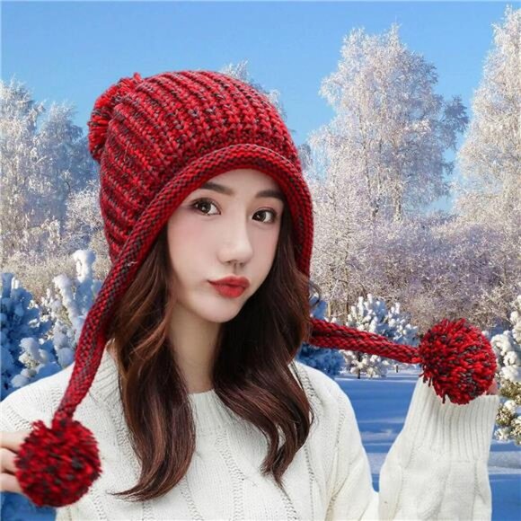 Women Winter Peruvian Cover Ears Beanie Hat Red - Picture 7 of 7